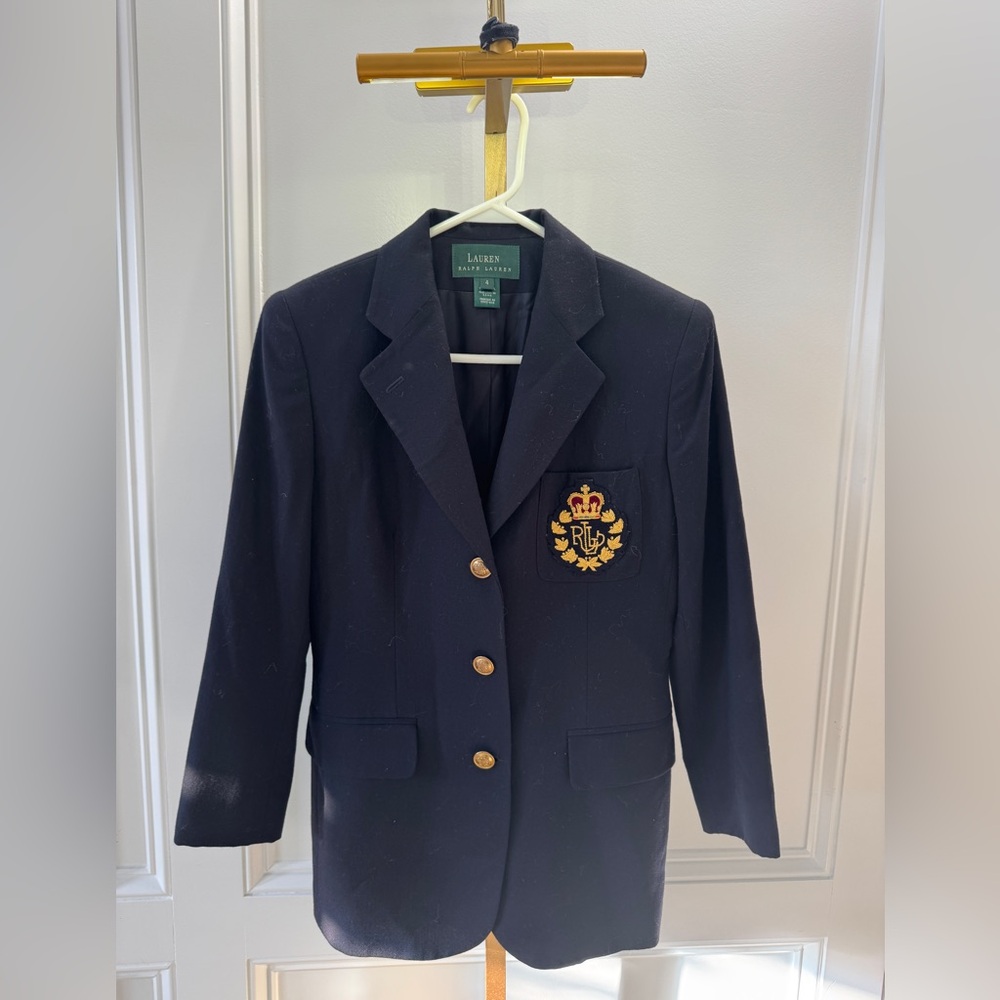 Lauren Ralph Lauren classic preppy Navy Blazer Gold embroidered jacket  sz 4